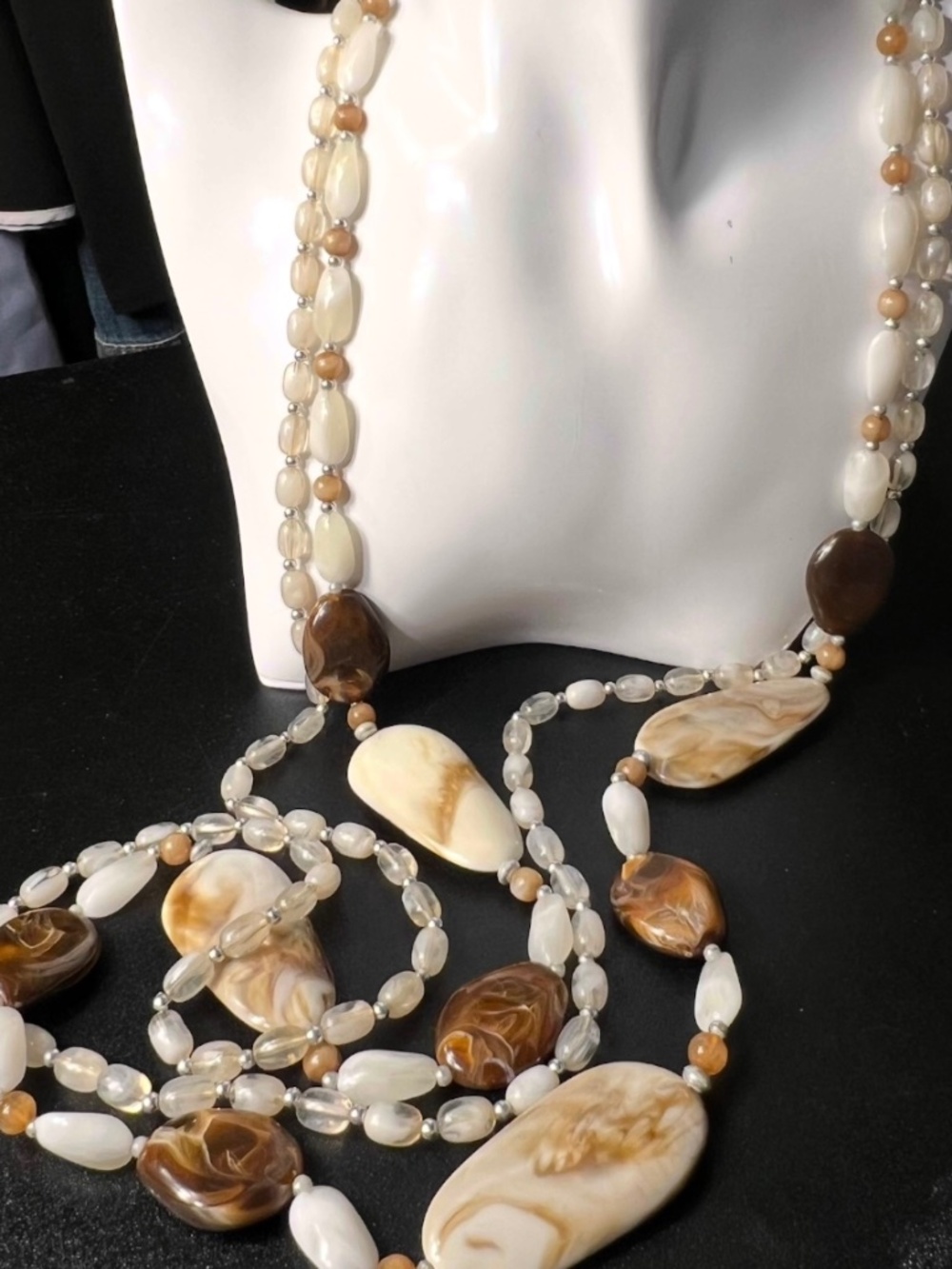 Multi Strand Acrylic Glass Beaded Marbled Neutral Colored Necklace